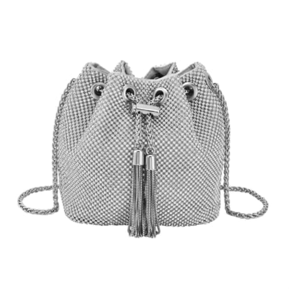 Silver Crystal Bucket Bag with Tassel lock (7282555)